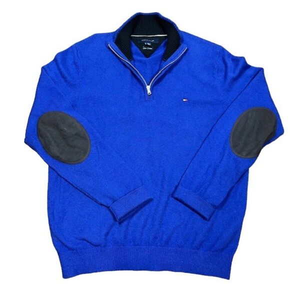 Tommy Hilfiger Lux Cotton 1/4 Zip Sweater with Elbow Patches Blue Size Large - Picture 1 of 12